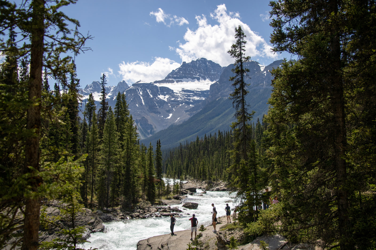 Four small figures stand on rocks beside a fast glacial river in a spruce-lined valley, with a snowy glaciated peak rising ahead of them.